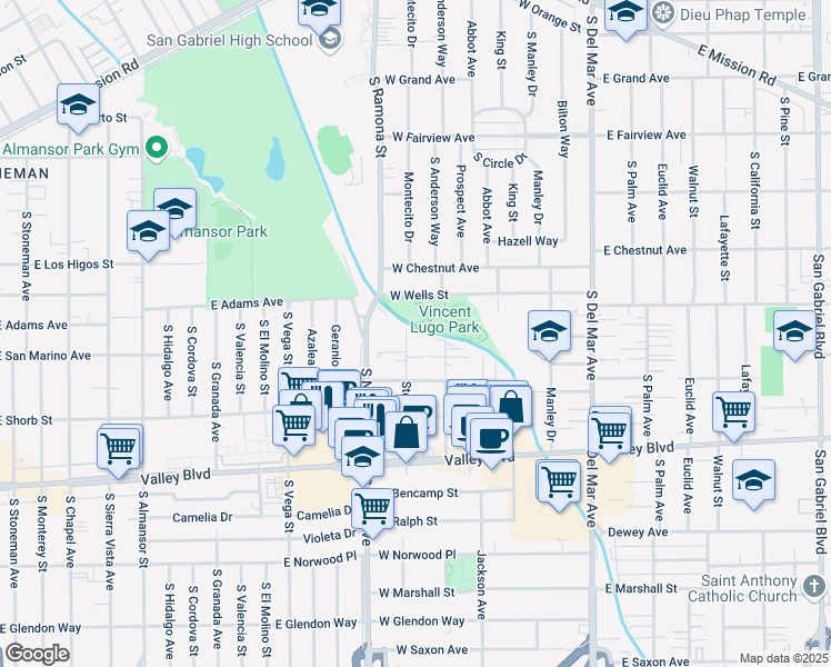 map of restaurants, bars, coffee shops, grocery stores, and more near 1329 Stevens Avenue in San Gabriel