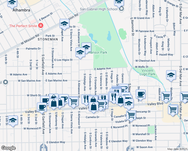 map of restaurants, bars, coffee shops, grocery stores, and more near 1037 South Granada Avenue in Alhambra