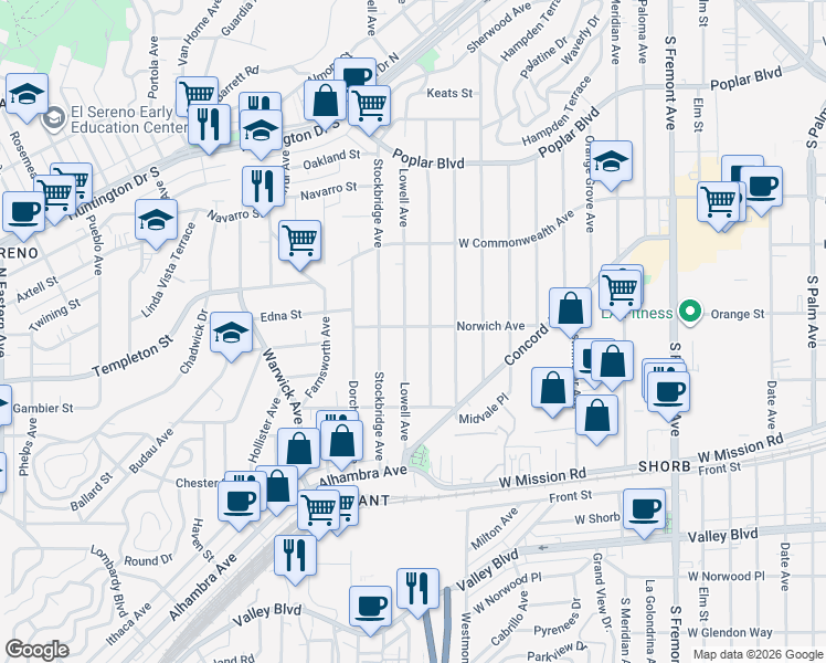 map of restaurants, bars, coffee shops, grocery stores, and more near 3223 Lowell Avenue in Los Angeles
