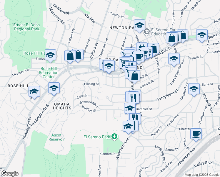 map of restaurants, bars, coffee shops, grocery stores, and more near 4760 Templeton Street in Los Angeles