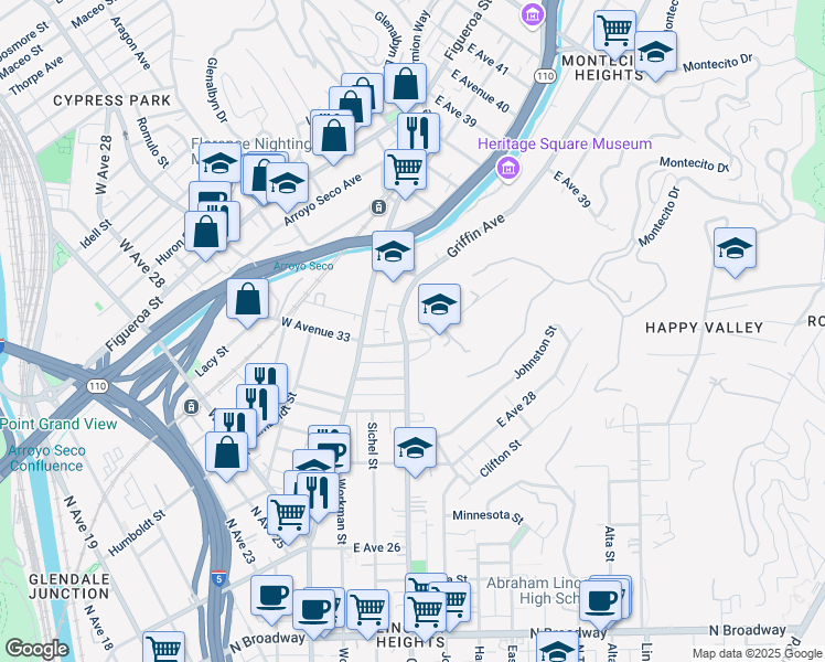 map of restaurants, bars, coffee shops, grocery stores, and more near 3236 Griffin Avenue in Los Angeles