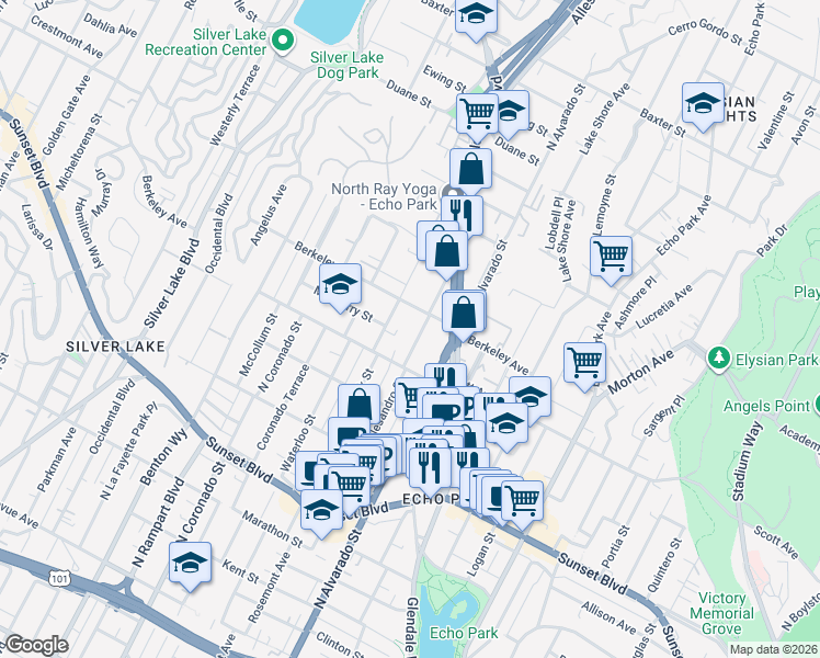 map of restaurants, bars, coffee shops, grocery stores, and more near 1520 Allesandro Street in Los Angeles