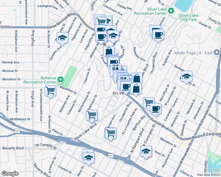 map of restaurants, bars, coffee shops, grocery stores, and more near in Los Angeles