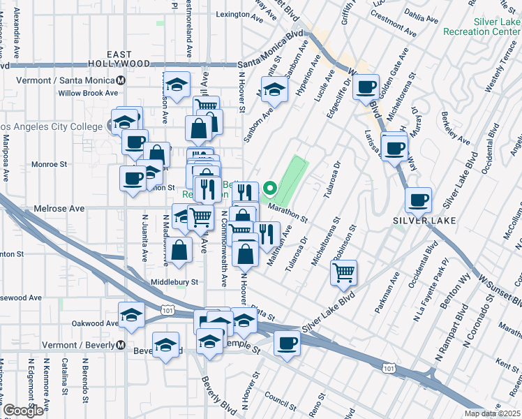 map of restaurants, bars, coffee shops, grocery stores, and more near 712 Lucile Avenue in Los Angeles