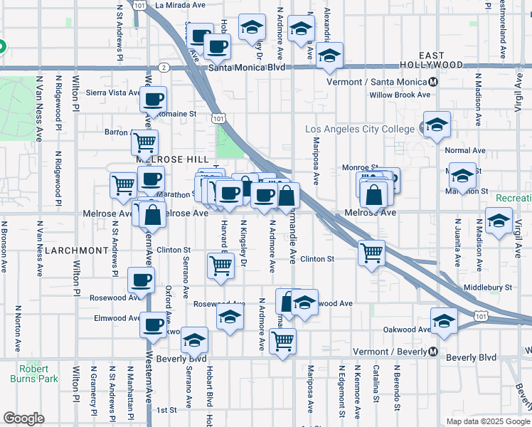 map of restaurants, bars, coffee shops, grocery stores, and more near 645 North Ardmore Avenue in Los Angeles