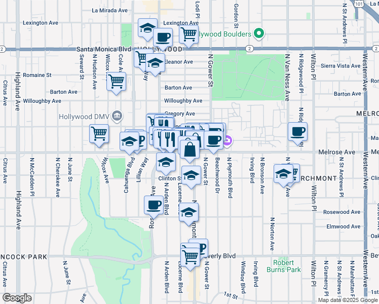map of restaurants, bars, coffee shops, grocery stores, and more near in Los Angeles