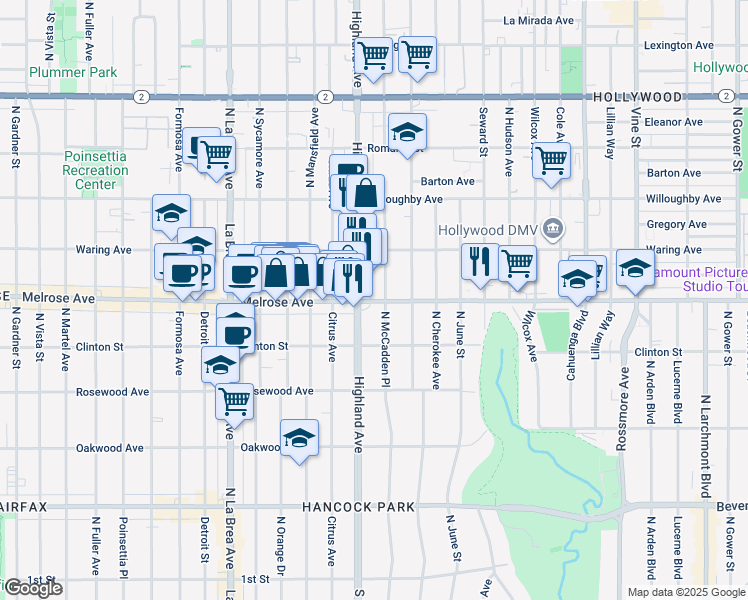 map of restaurants, bars, coffee shops, grocery stores, and more near in Los Angeles