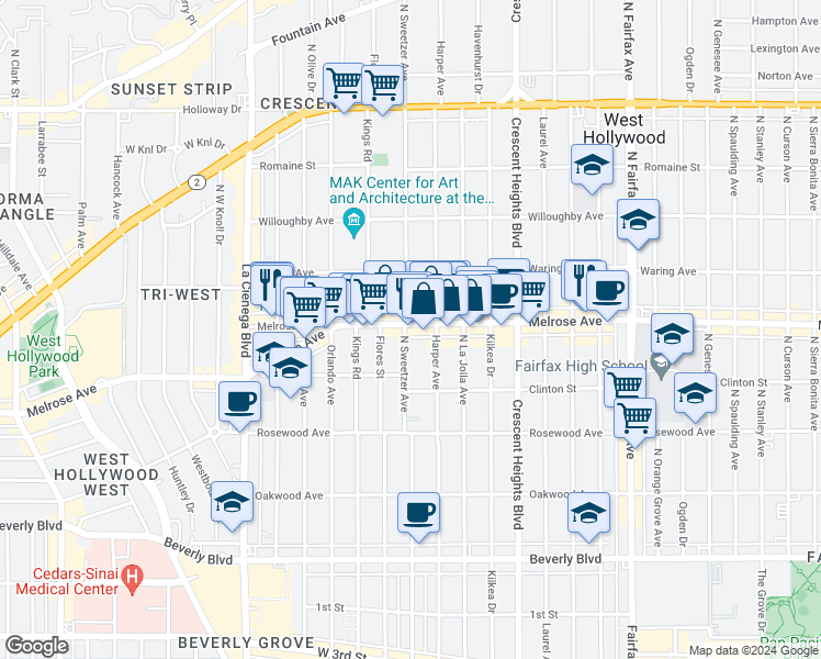 map of restaurants, bars, coffee shops, grocery stores, and more near 649 North Harper Avenue in Los Angeles