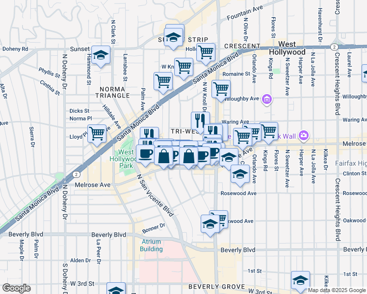 map of restaurants, bars, coffee shops, grocery stores, and more near 635 Westbourne Drive in West Hollywood