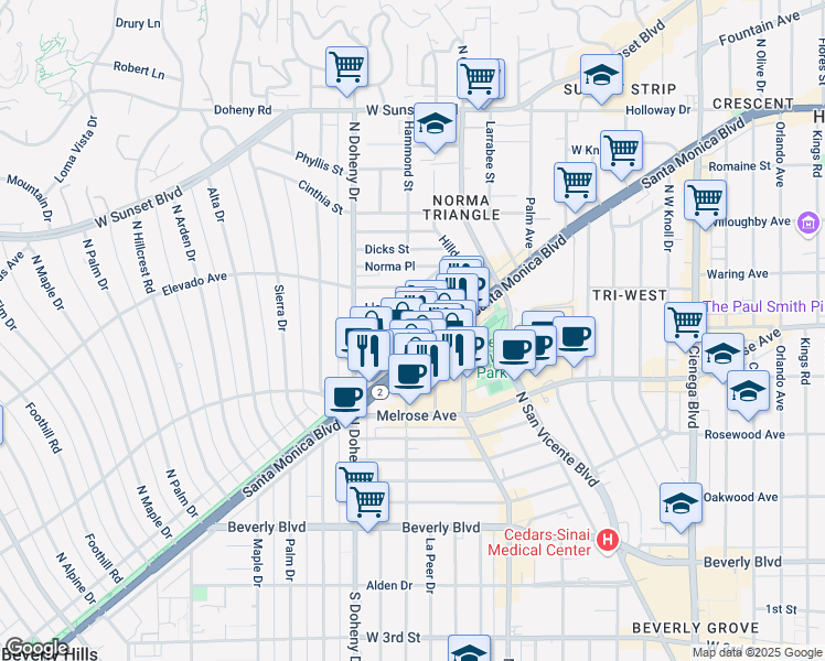 map of restaurants, bars, coffee shops, grocery stores, and more near 9013 North Santa Monica Boulevard in West Hollywood