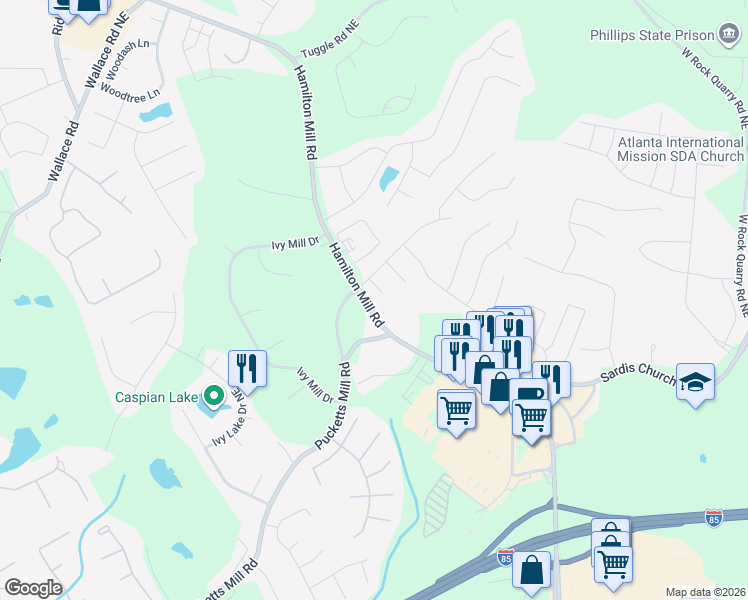 map of restaurants, bars, coffee shops, grocery stores, and more near 2660 Cascade Creek Drive in Buford