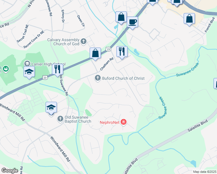 map of restaurants, bars, coffee shops, grocery stores, and more near 4174 Chatham Crest Lane in Buford