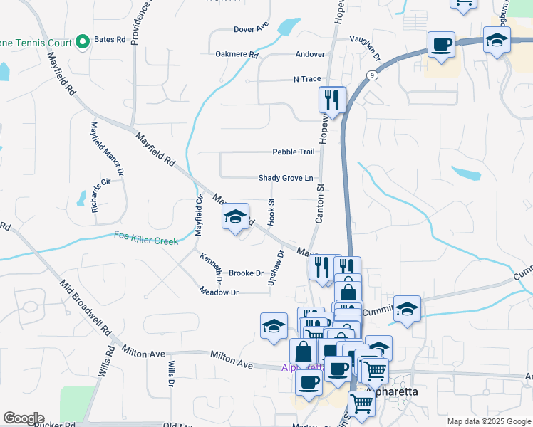 map of restaurants, bars, coffee shops, grocery stores, and more near 284 Hook Street in Alpharetta