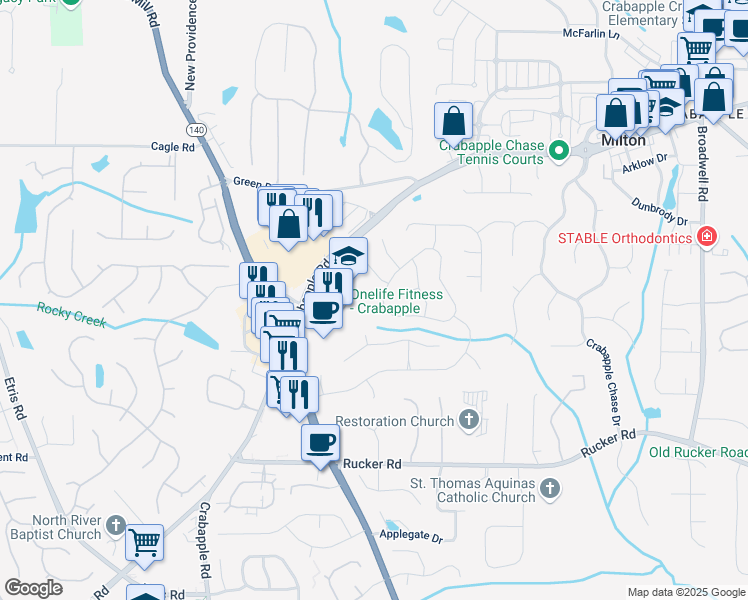 map of restaurants, bars, coffee shops, grocery stores, and more near 555 Carybell Lane in Alpharetta
