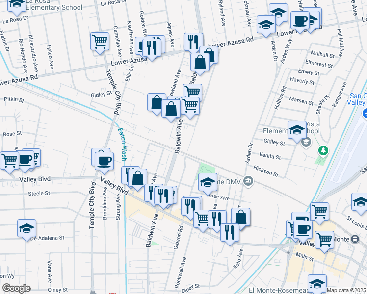 map of restaurants, bars, coffee shops, grocery stores, and more near 4203 Shirley Avenue in El Monte