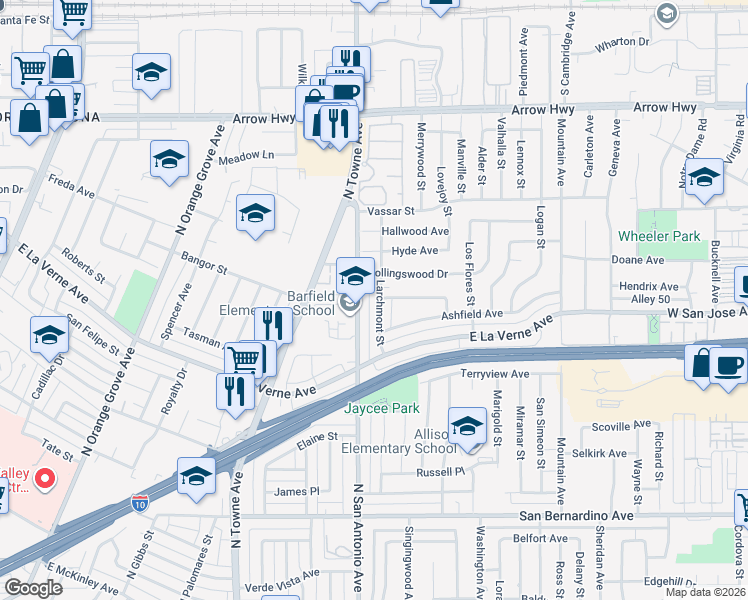 map of restaurants, bars, coffee shops, grocery stores, and more near 2229 Larchmont Street in Pomona