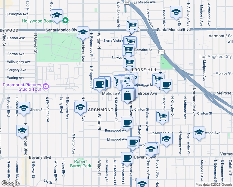 map of restaurants, bars, coffee shops, grocery stores, and more near Melrose Ave & N St Andrews Pl in Los Angeles