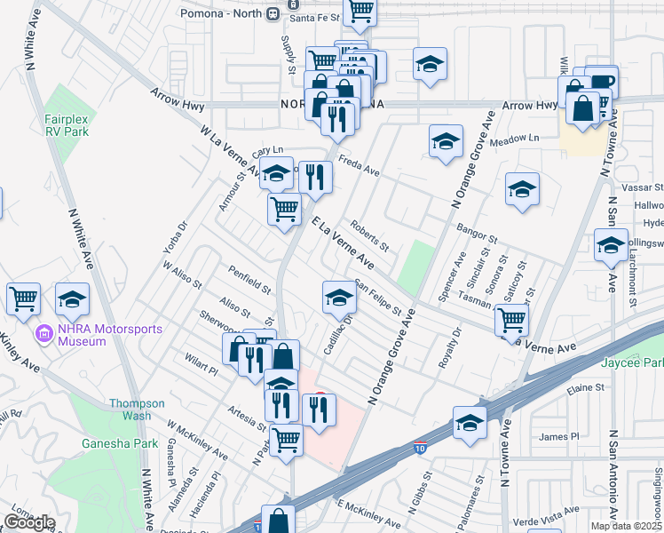 map of restaurants, bars, coffee shops, grocery stores, and more near 196 San Felipe Street in Pomona