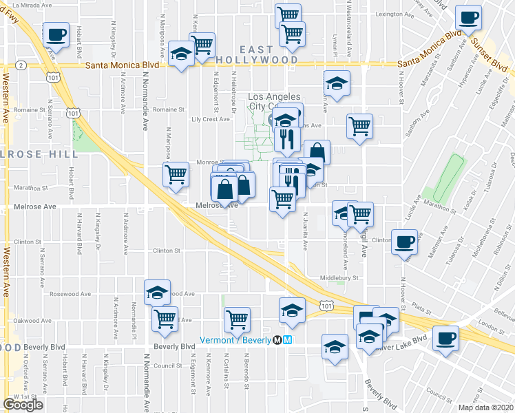 map of restaurants, bars, coffee shops, grocery stores, and more near 4266 Melrose Avenue in Los Angeles