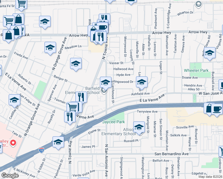 map of restaurants, bars, coffee shops, grocery stores, and more near 2229 Larchmont Street in Pomona