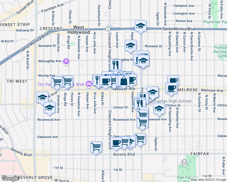 map of restaurants, bars, coffee shops, grocery stores, and more near 647 North Laurel Avenue in Los Angeles