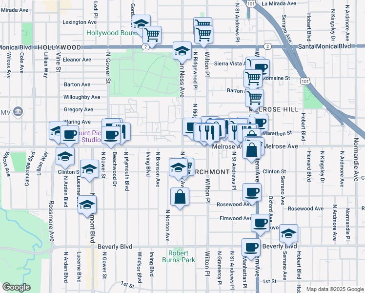 map of restaurants, bars, coffee shops, grocery stores, and more near Melrose Ave & N Van Ness Ave in Los Angeles