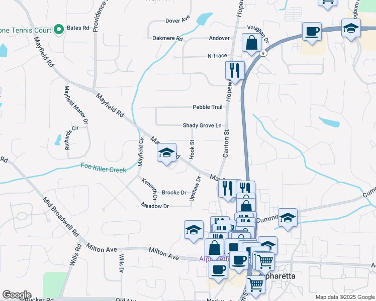 map of restaurants, bars, coffee shops, grocery stores, and more near 284 Hook Street in Alpharetta