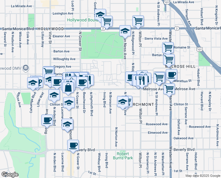 map of restaurants, bars, coffee shops, grocery stores, and more near Melrose Ave & N Bronson Ave in Los Angeles