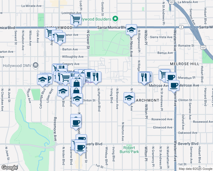 map of restaurants, bars, coffee shops, grocery stores, and more near Melrose Avenue & Windsor Boulevard in Los Angeles