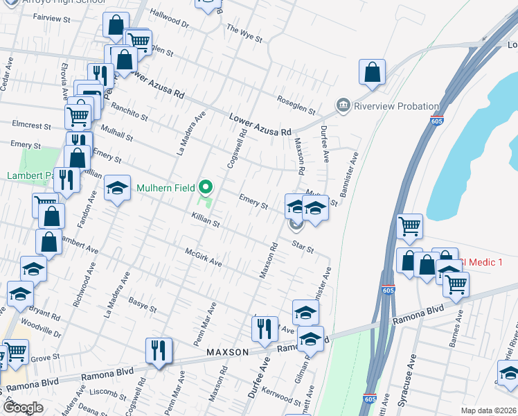 map of restaurants, bars, coffee shops, grocery stores, and more near 12110 Emery Street in El Monte