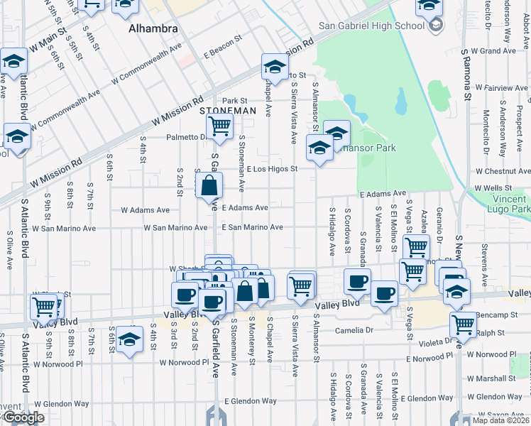 map of restaurants, bars, coffee shops, grocery stores, and more near 128 East Adams Avenue in Alhambra