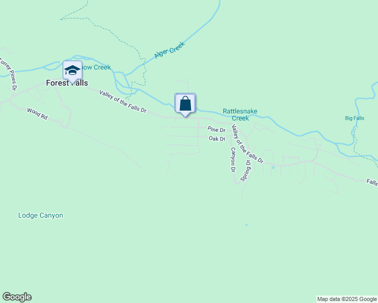 map of restaurants, bars, coffee shops, grocery stores, and more near 9366 Cedar Drive in Forest Falls