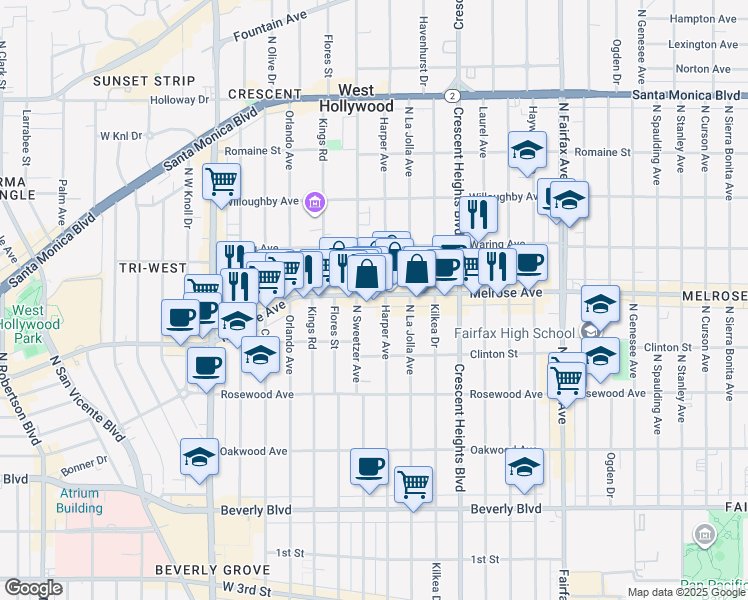 map of restaurants, bars, coffee shops, grocery stores, and more near 649 North Harper Avenue in Los Angeles