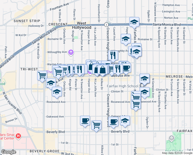 map of restaurants, bars, coffee shops, grocery stores, and more near 647 North La Jolla Avenue in Los Angeles