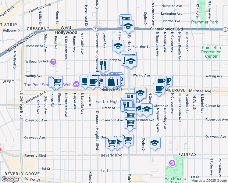 map of restaurants, bars, coffee shops, grocery stores, and more near 648 North Edinburgh Avenue in Los Angeles