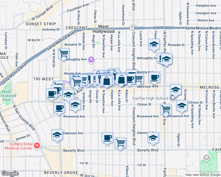 map of restaurants, bars, coffee shops, grocery stores, and more near 649 North Harper Avenue in Los Angeles