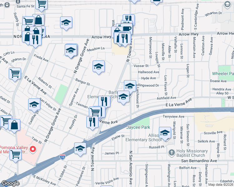 map of restaurants, bars, coffee shops, grocery stores, and more near 702 Bangor Street in Pomona
