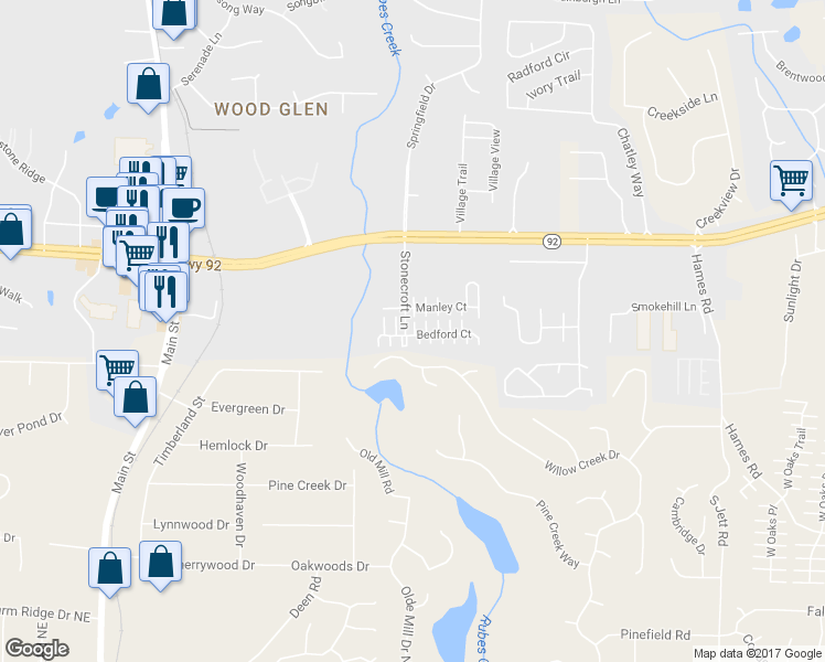 map of restaurants, bars, coffee shops, grocery stores, and more near 647 Bedford Court in Woodstock