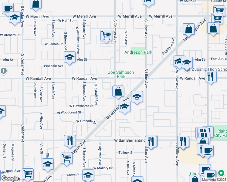 map of restaurants, bars, coffee shops, grocery stores, and more near 703 West Montrose Street in Rialto