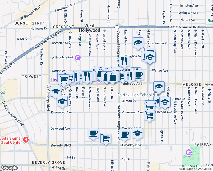 map of restaurants, bars, coffee shops, grocery stores, and more near 647 North La Jolla Avenue in Los Angeles