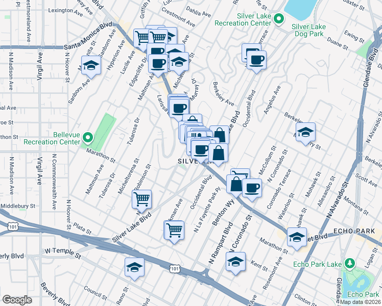 map of restaurants, bars, coffee shops, grocery stores, and more near in Los Angeles