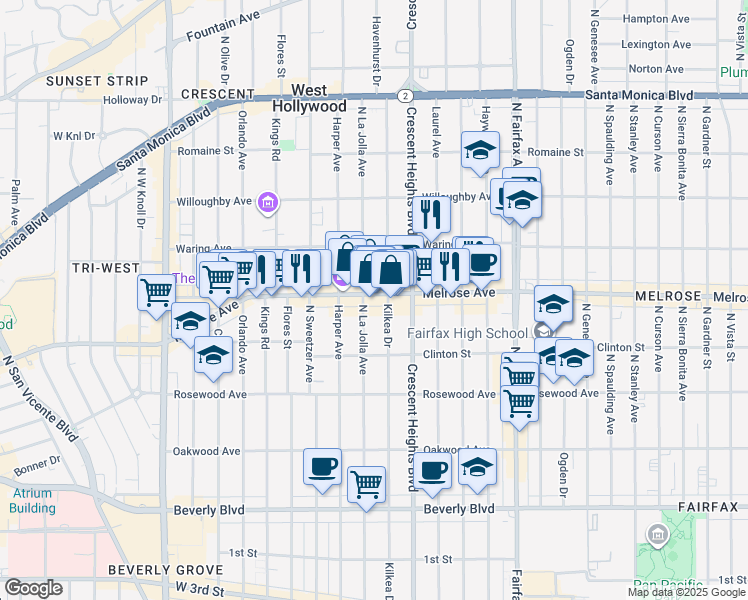 map of restaurants, bars, coffee shops, grocery stores, and more near 647 North La Jolla Avenue in Los Angeles