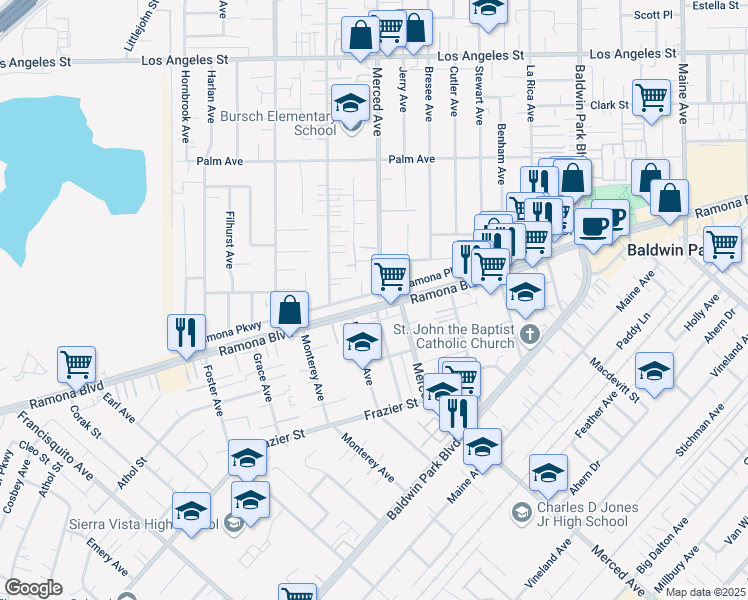map of restaurants, bars, coffee shops, grocery stores, and more near in Baldwin Park