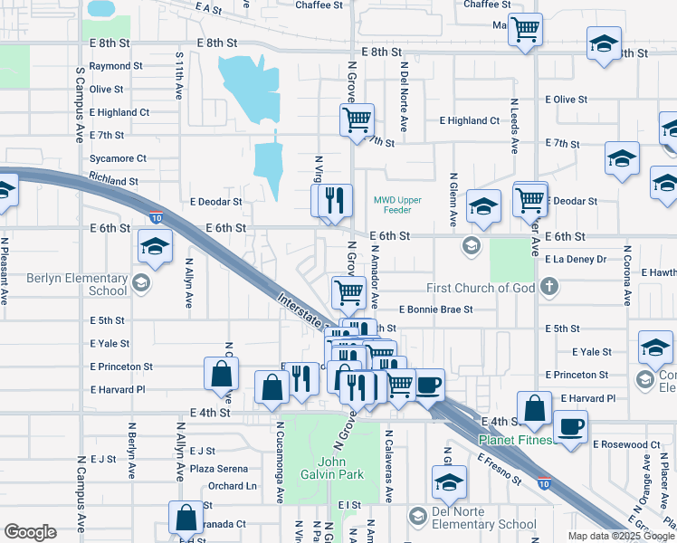 map of restaurants, bars, coffee shops, grocery stores, and more near 1405 North Grove Avenue in Ontario