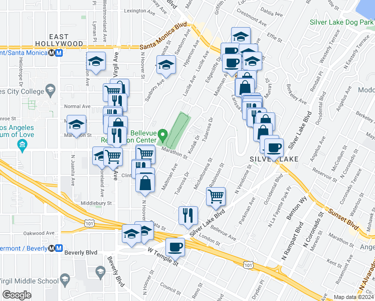 map of restaurants, bars, coffee shops, grocery stores, and more near 811 Kodak Drive in Los Angeles