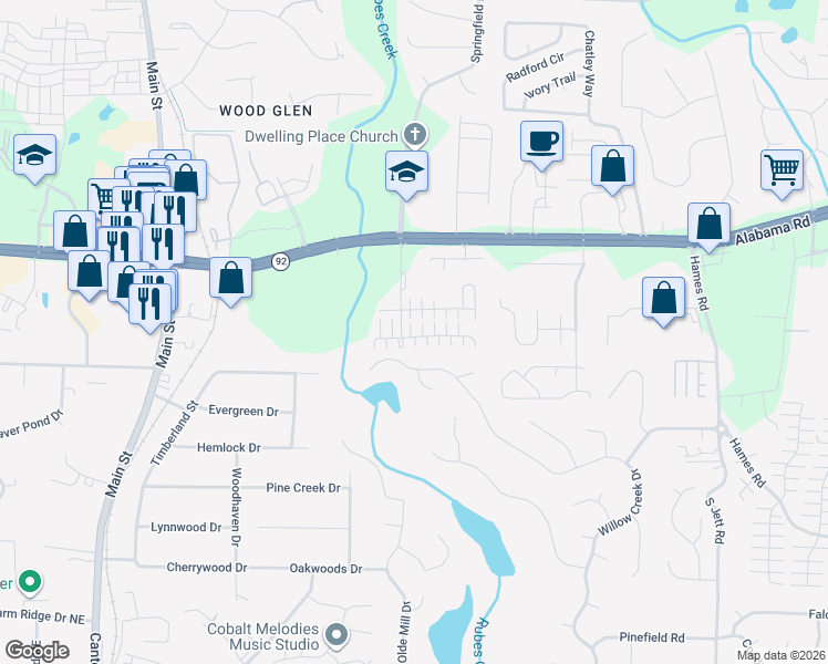 map of restaurants, bars, coffee shops, grocery stores, and more near 653 Bedford Court in Woodstock