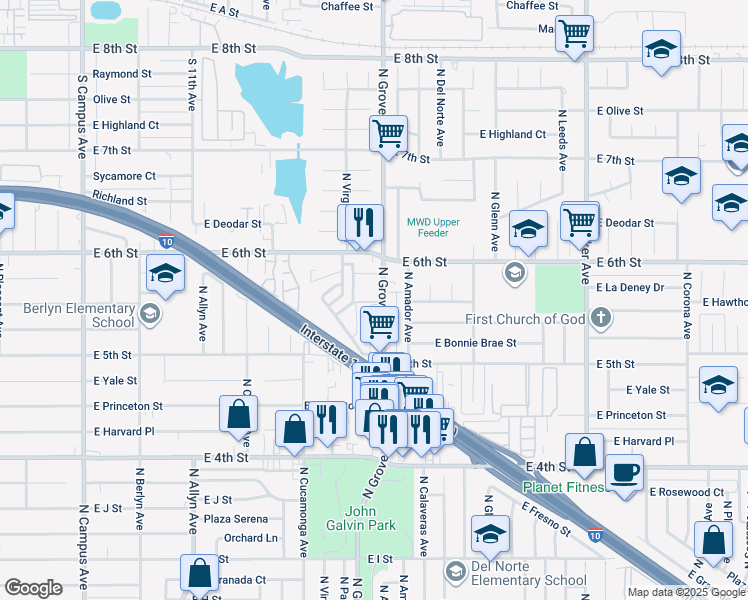 map of restaurants, bars, coffee shops, grocery stores, and more near 1405 North Grove Avenue in Ontario