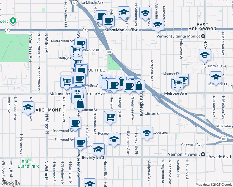 map of restaurants, bars, coffee shops, grocery stores, and more near Melrose Ave & N Harvard Blvd in Los Angeles