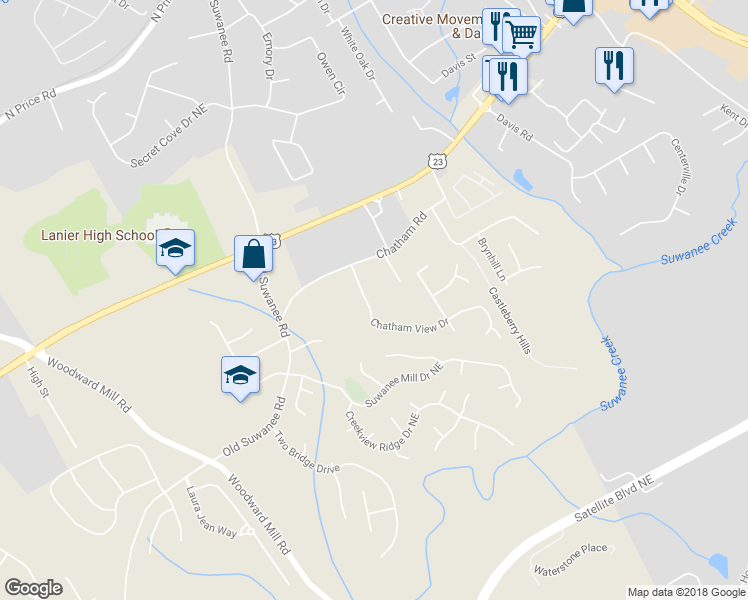 map of restaurants, bars, coffee shops, grocery stores, and more near 4389 Chatham View Drive in Buford