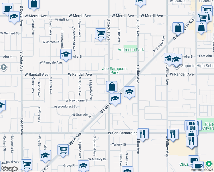 map of restaurants, bars, coffee shops, grocery stores, and more near 703 West Montrose Street in Rialto